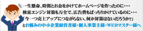 一生懸命、時間とお金をかけてホームページを作ったのに・・・
検索エンジン対策も万全で、広告費もばっちりかけているのに・・・
「今一つ売上アップにつながらない、何か対策はないだろうか？」
とお悩みの中小企業経営者様・個人事業主様・WEBマスター様へ